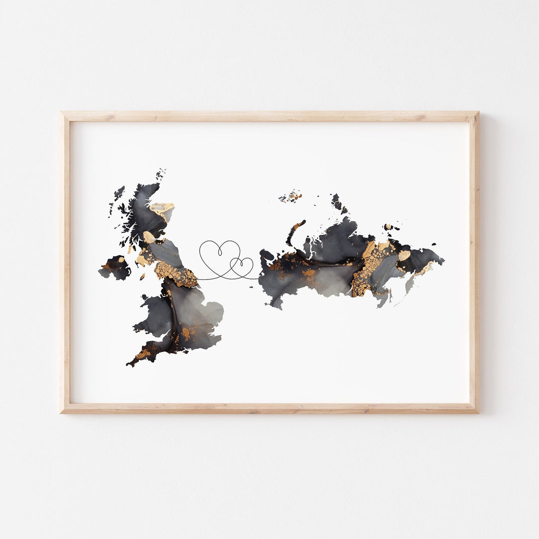 Britain and Russia Map Black & Gold Travel Wall Art Print | United Kingdom | UK