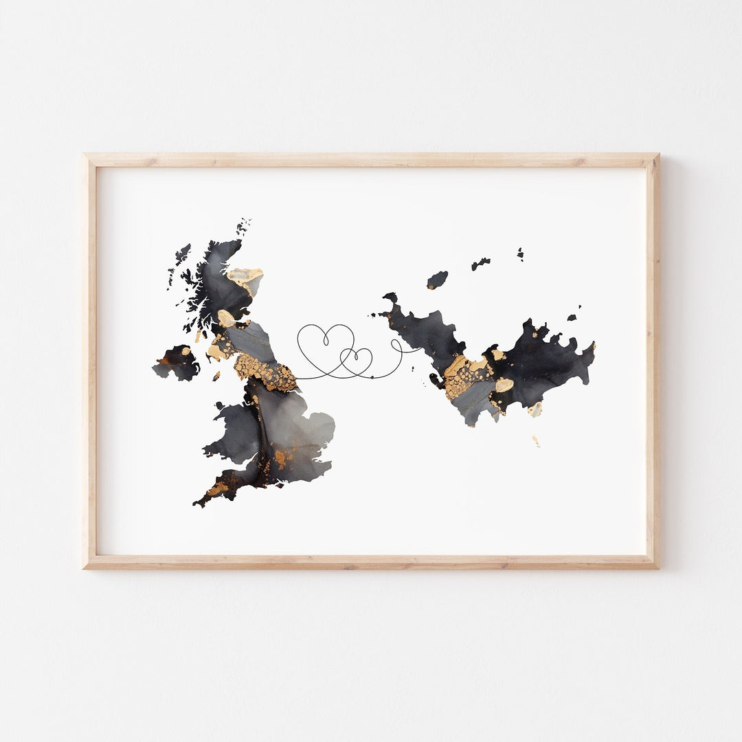 Britain and Saint Barthelemy Map Black & Gold Travel Wall Art Print | United Kingdom | UK