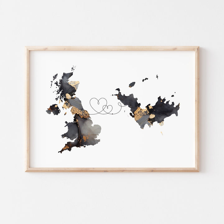 Britain and Saint Barthelemy Map Black & Gold Travel Wall Art Print | United Kingdom | UK