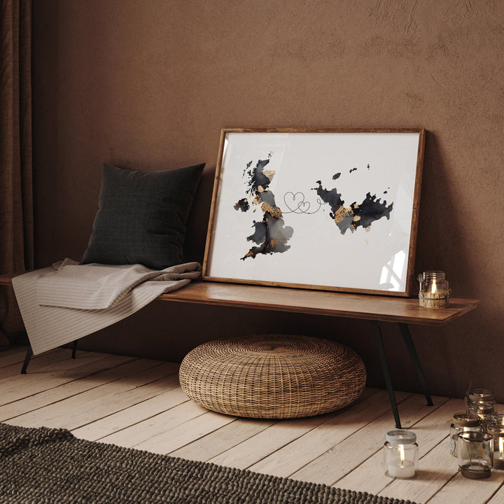 Britain and Saint Barthelemy Map Black & Gold Travel Wall Art Print | United Kingdom | UK