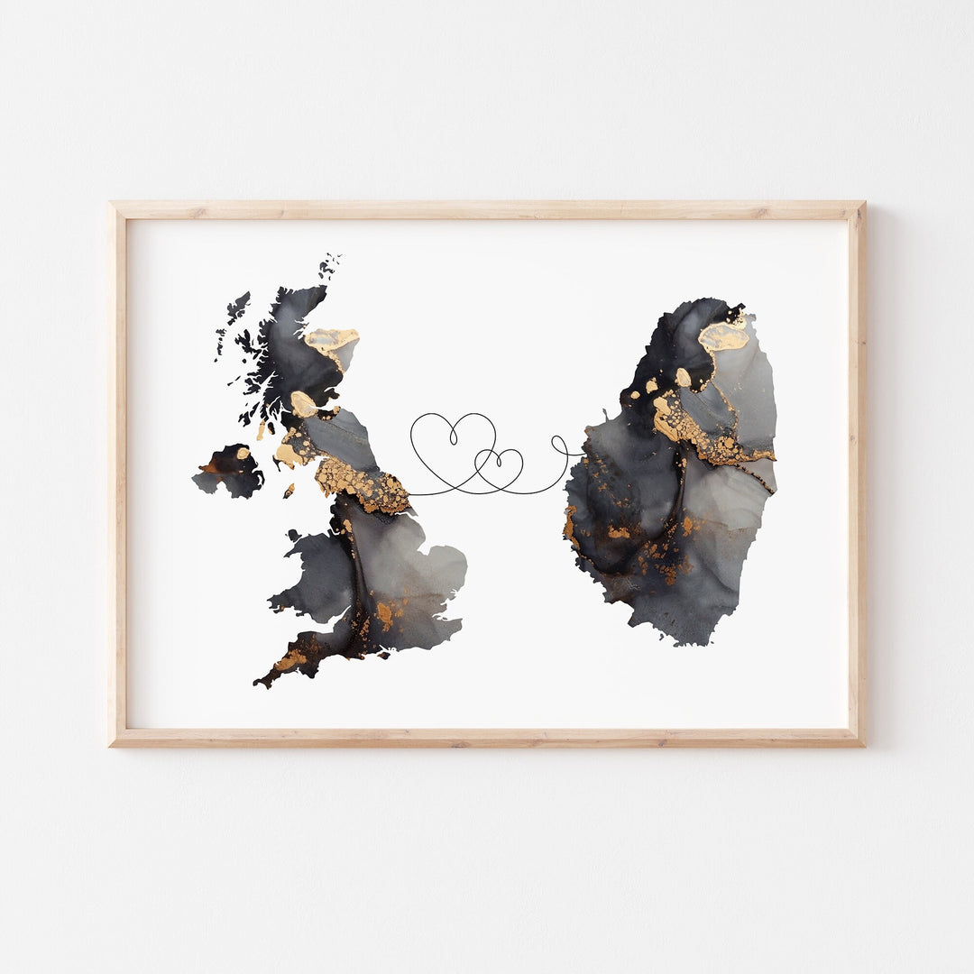 Britain and Saint Vincent Map Black & Gold Travel Wall Art Print | United Kingdom | UK