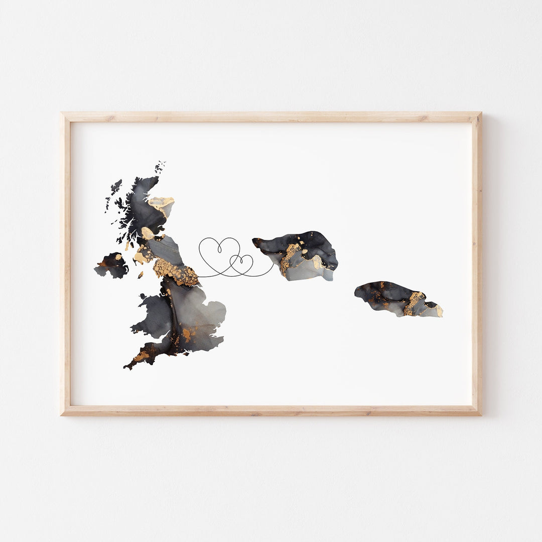 Britain and Samoa Map Black & Gold Travel Wall Art Print | United Kingdom | UK