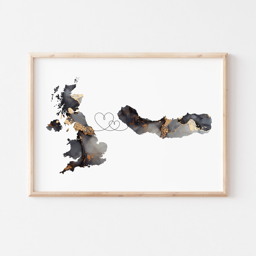 Britain and Sao Miguel Map Black & Gold Travel Wall Art Print | United Kingdom | UK