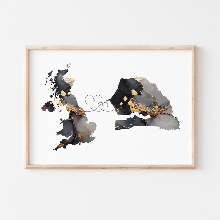 Britain and Senegal Map Black & Gold Travel Wall Art Print | United Kingdom | UK