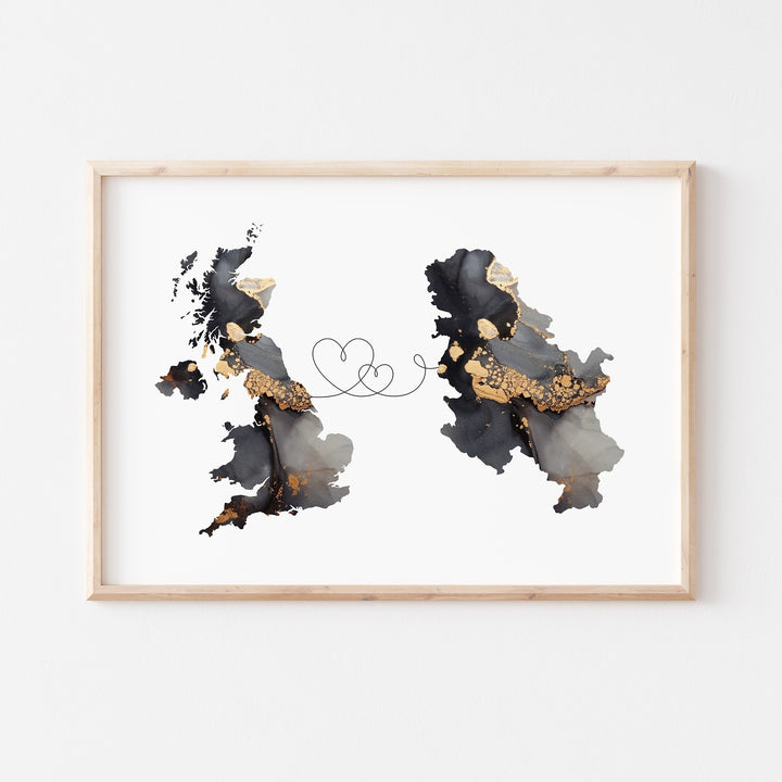 Britain and Serbia Map Black & Gold Travel Wall Art Print | United Kingdom | UK