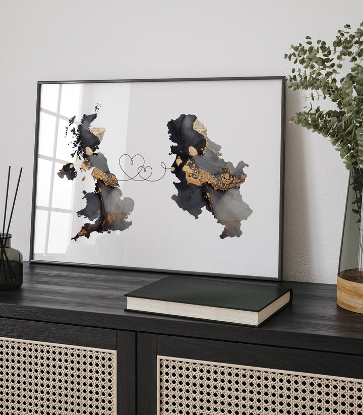 Britain and Serbia Map Black & Gold Travel Wall Art Print | United Kingdom | UK