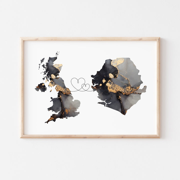 Britain and Sierra Leone Map Black & Gold Travel Wall Art Print | United Kingdom | UK