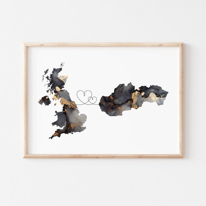Britain and Slovakia Map Black & Gold Travel Wall Art Print | United Kingdom | UK