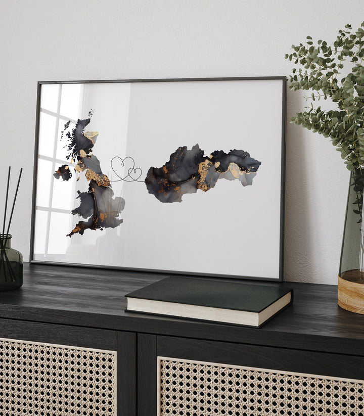 Britain and Slovakia Map Black & Gold Travel Wall Art Print | United Kingdom | UK