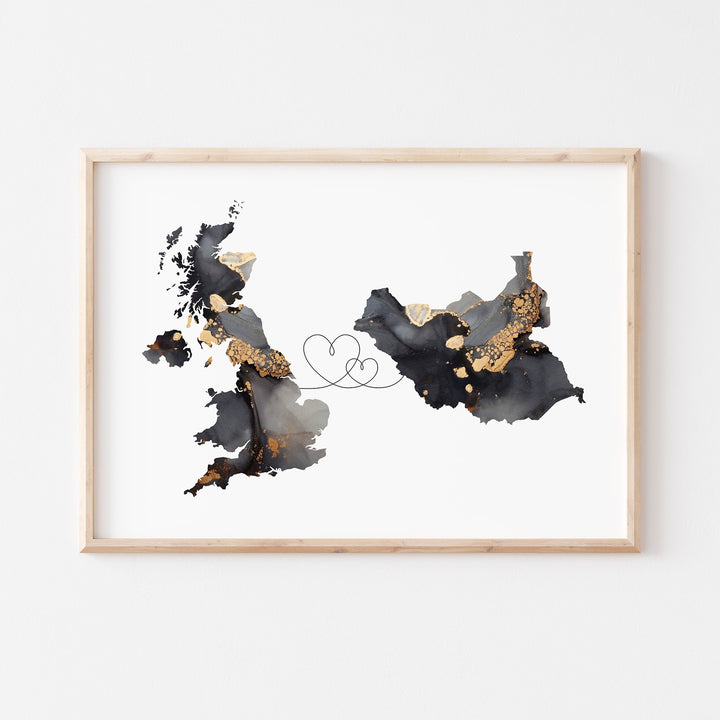 Britain and South Sudan Map Black & Gold Travel Wall Art Print | United Kingdom | UK