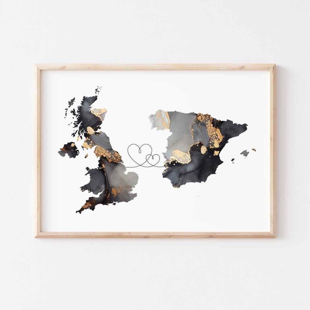Britain and Spain Map Black & Gold Travel Wall Art Print | United Kingdom | UK