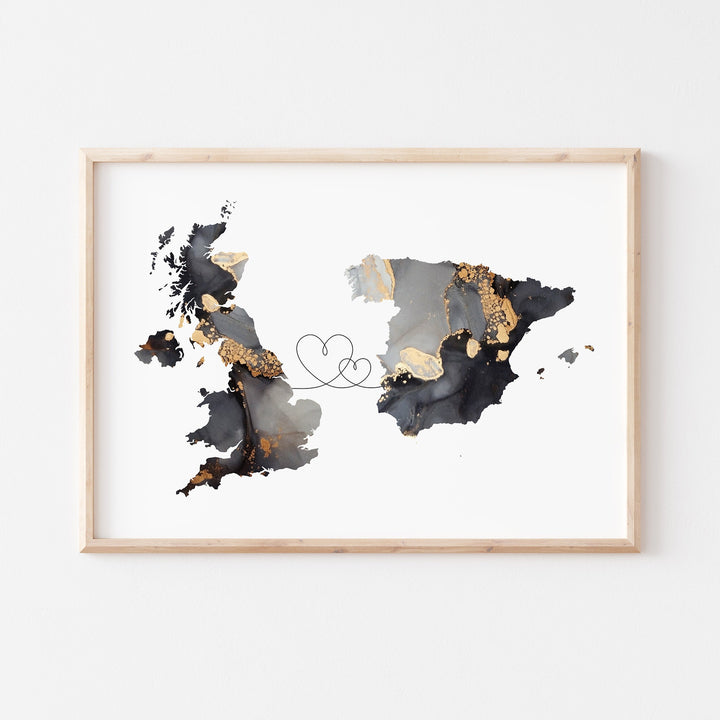 Britain and Spain Map Black & Gold Travel Wall Art Print | United Kingdom | UK