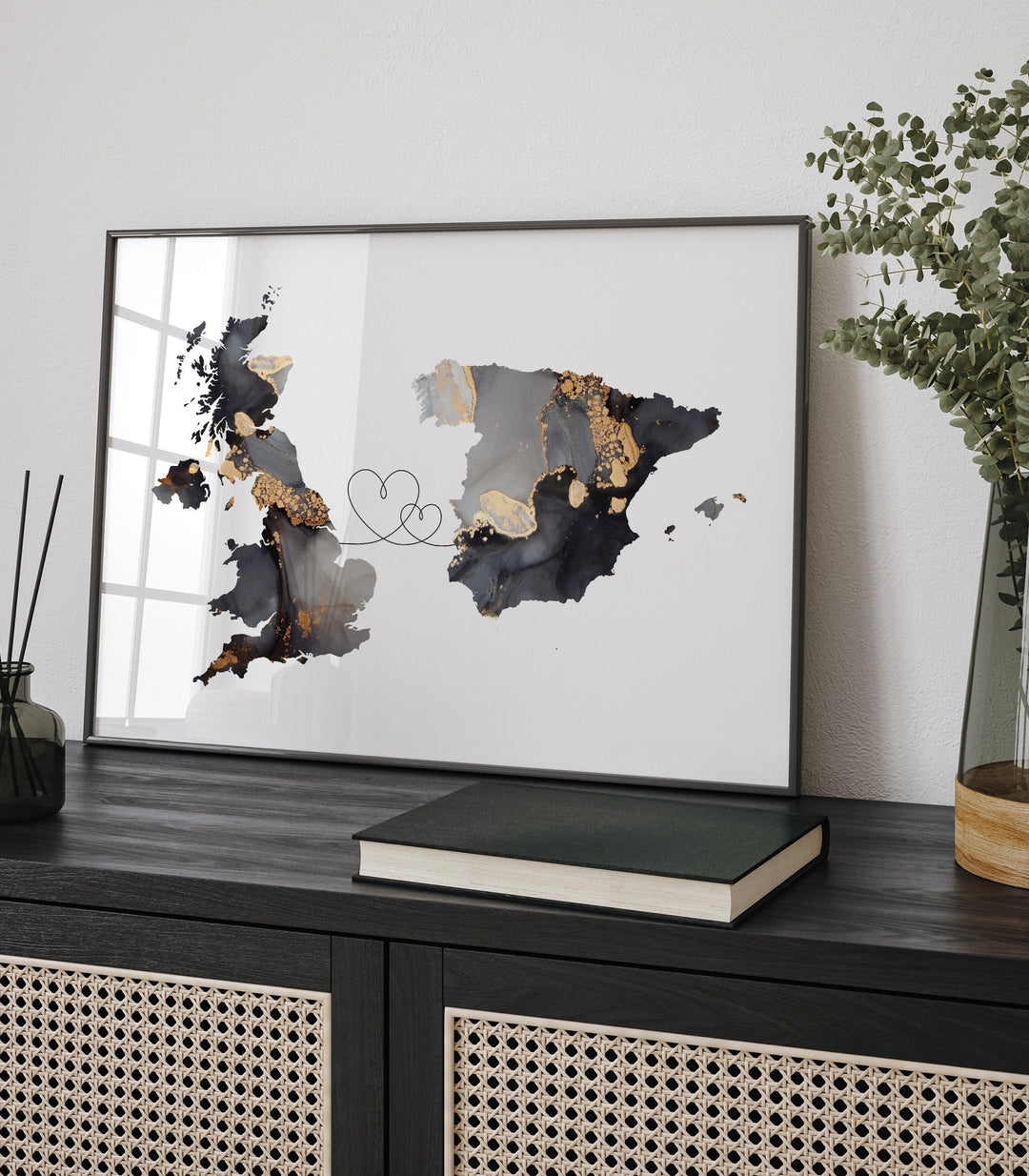 Britain and Spain Map Black & Gold Travel Wall Art Print | United Kingdom | UK