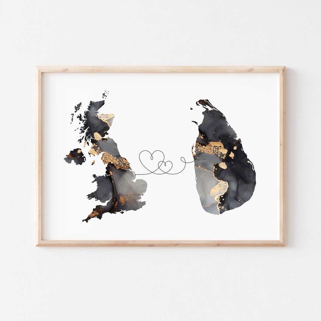 Britain and Sri Lanka Map Black & Gold Travel Wall Art Print | United Kingdom | UK