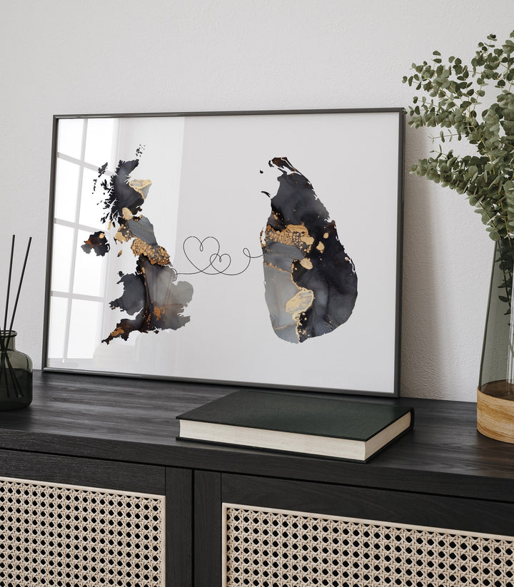 Britain and Sri Lanka Map Black & Gold Travel Wall Art Print | United Kingdom | UK