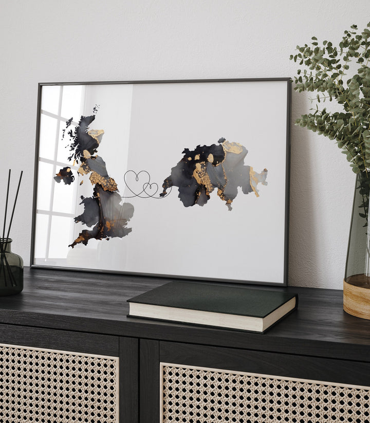 Britain and Switzerland Map Black & Gold Travel Wall Art Print | United Kingdom | UK