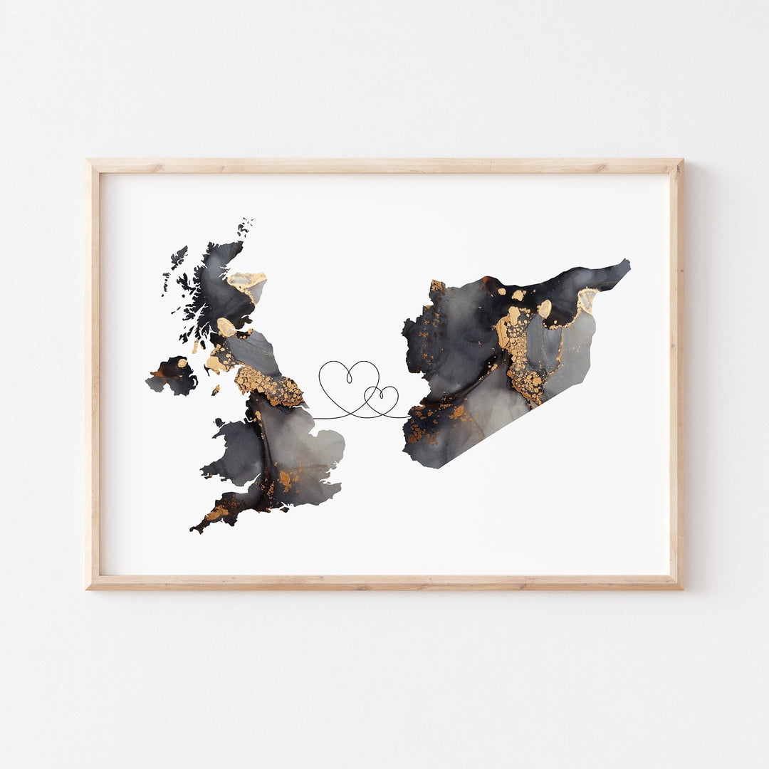 Britain and Syria Map Black & Gold Travel Wall Art Print | United Kingdom | UK