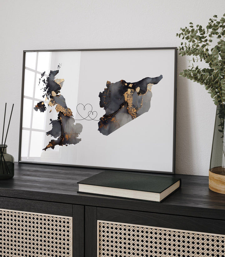 Britain and Syria Map Black & Gold Travel Wall Art Print | United Kingdom | UK