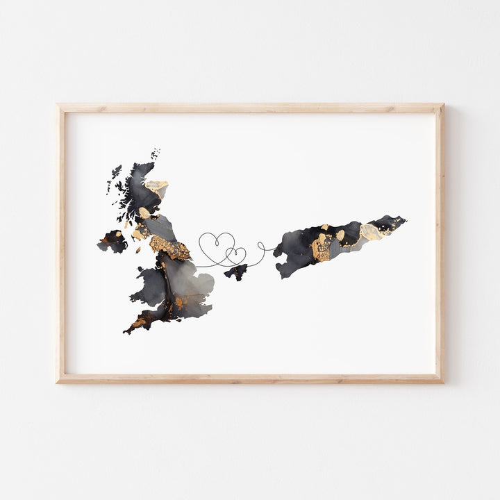Britain and Timor-Leste Map Black & Gold Travel Wall Art Print | United Kingdom | UK