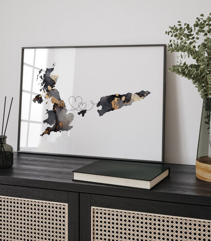 Britain and Timor-Leste Map Black & Gold Travel Wall Art Print | United Kingdom | UK