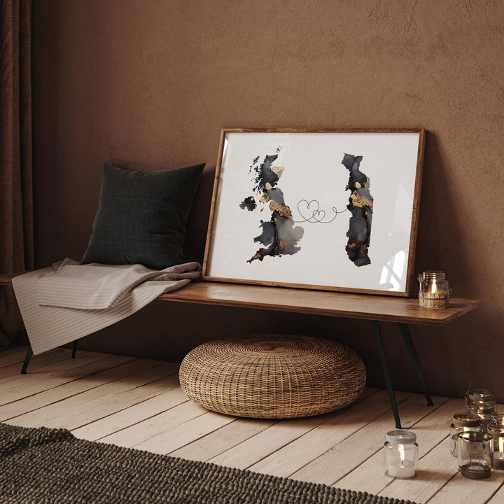 Britain and Togo Map Black & Gold Travel Wall Art Print | United Kingdom | UK