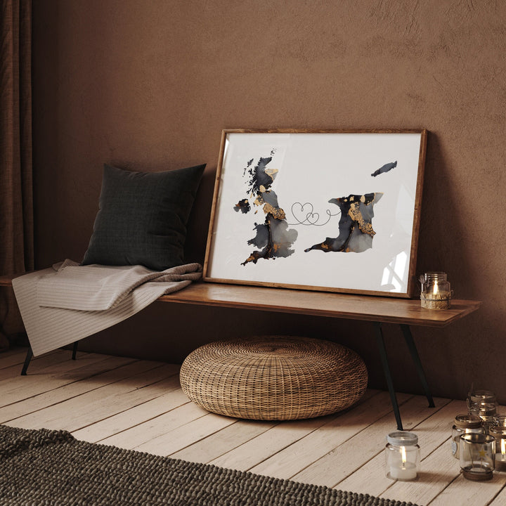 Britain and Trinidad and Tobago Map Black & Gold Travel Wall Art Print | United Kingdom | UK