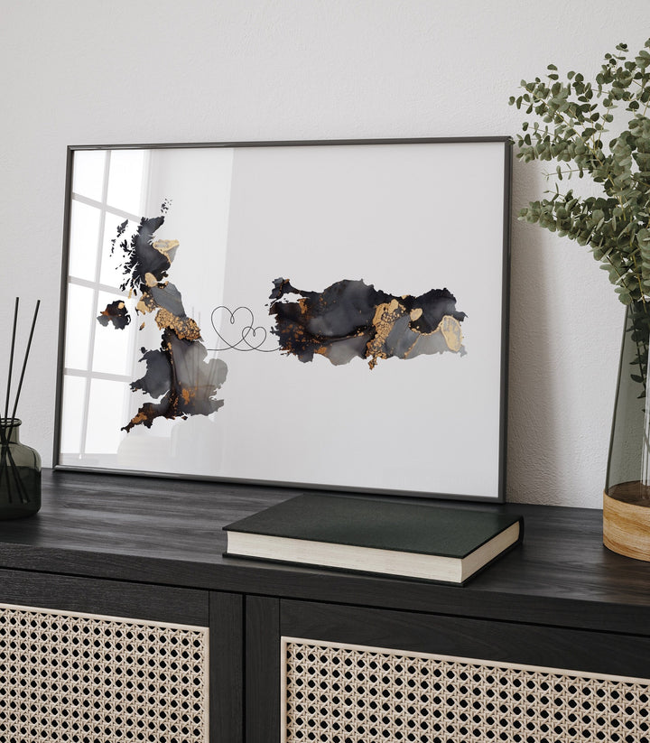 Britain and Turkey Map Black & Gold Travel Wall Art Print | United Kingdom | UK