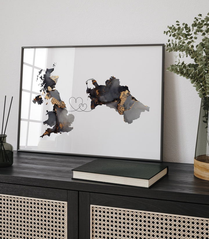 Britain and Turkmenistan Map Black & Gold Travel Wall Art Print | United Kingdom | UK