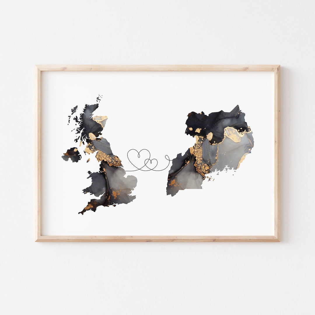 Britain and Uganda Map Black & Gold Travel Wall Art Print | United Kingdom | UK