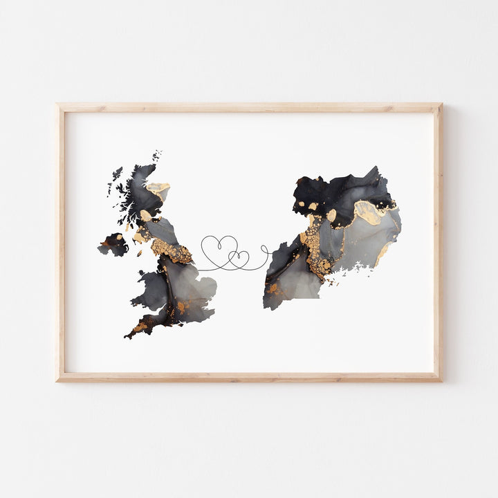 Britain and Uganda Map Black & Gold Travel Wall Art Print | United Kingdom | UK