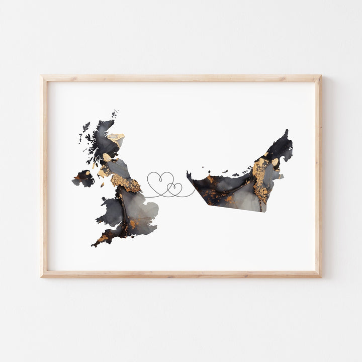 Britain and United Arab Emirates Map Black & Gold Travel Wall Art Print | United Kingdom | UK UAE