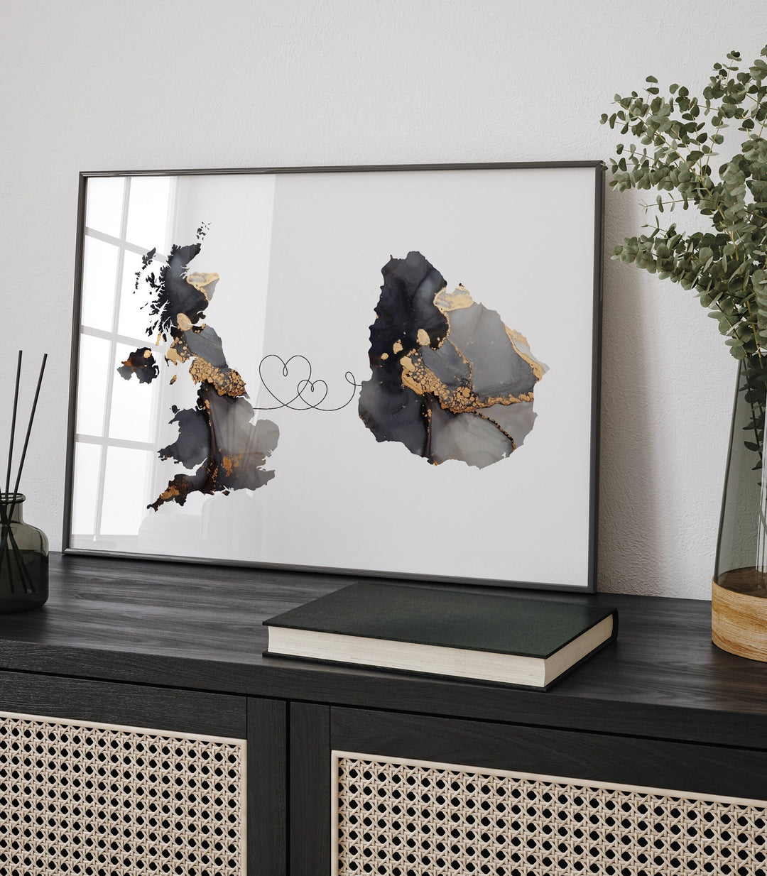 Britain and Uruguay Map Black & Gold Travel Wall Art Print | United Kingdom | UK
