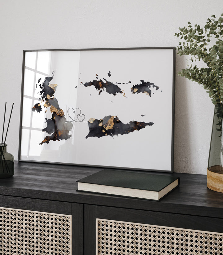 Britain and US Virgin Islands Map Black & Gold Travel Wall Art Print | United Kingdom | UK