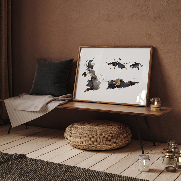 Britain and US Virgin Islands Map Black & Gold Travel Wall Art Print | United Kingdom | UK