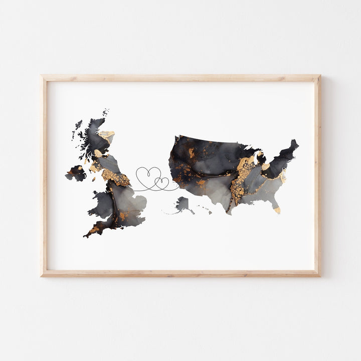 Britain and United States Map Black & Gold Travel Wall Art Print | United Kingdom | UK | USA | America