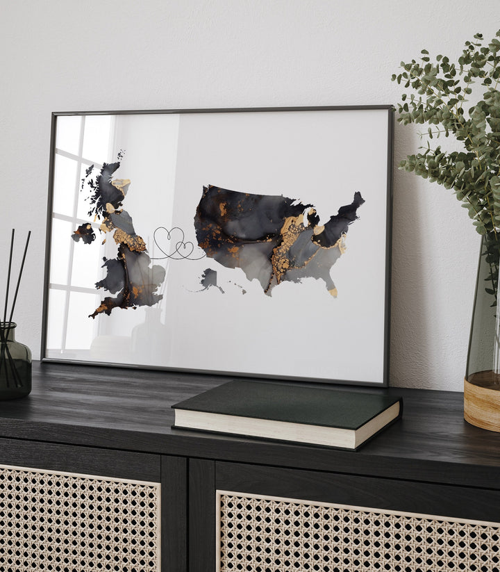 Britain and United States Map Black & Gold Travel Wall Art Print | United Kingdom | UK | USA | America