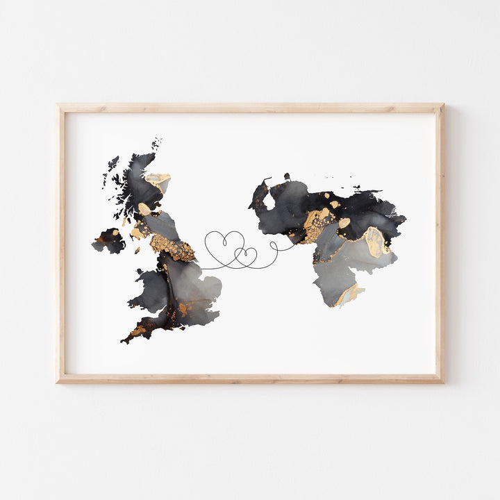 Britain and Venezuela Map Black & Gold Travel Wall Art Print | United Kingdom | UK