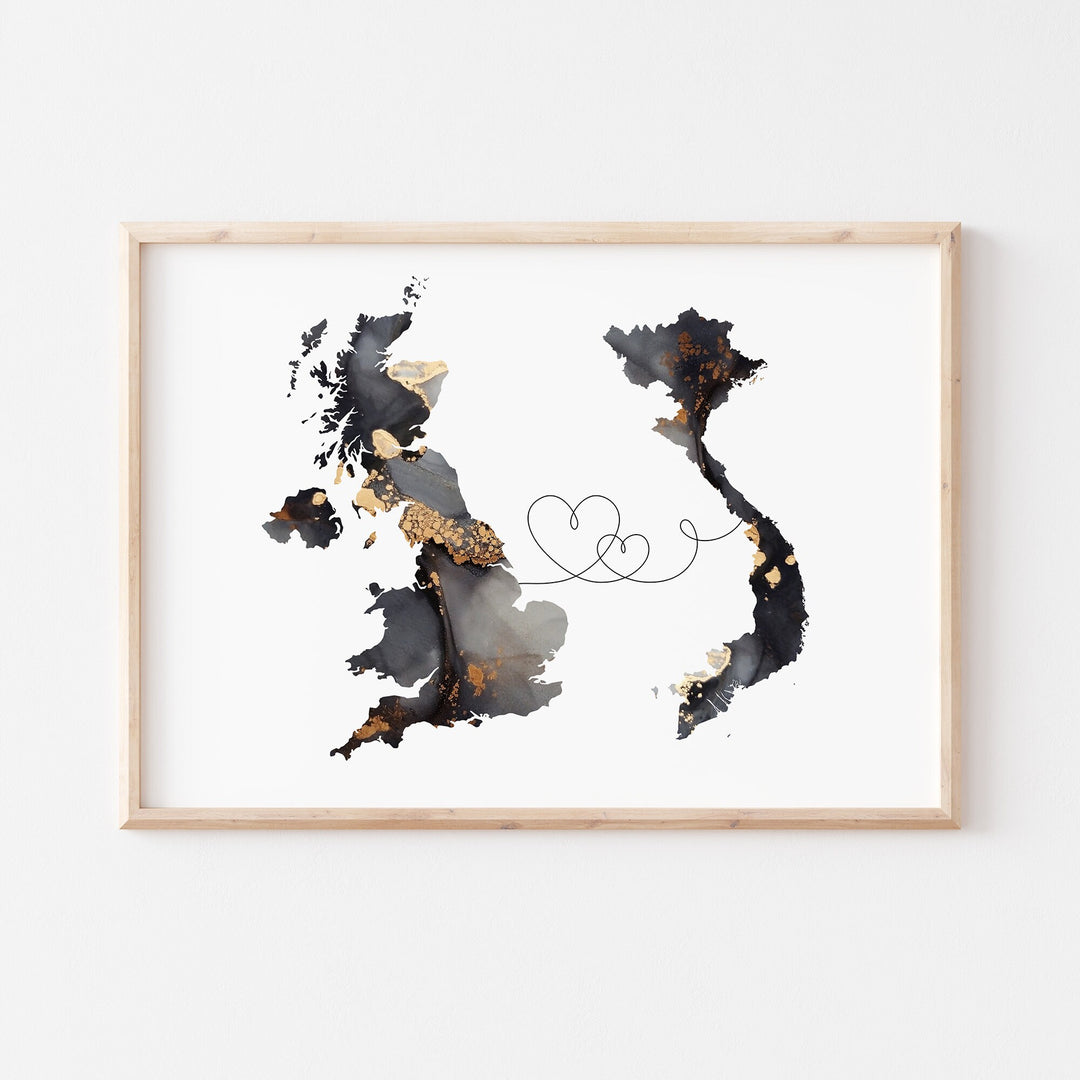 Britain and Vietnam Map Black & Gold Travel Wall Art Print | United Kingdom | UK