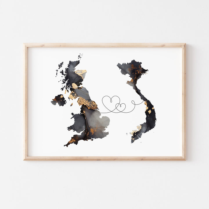 Britain and Vietnam Map Black & Gold Travel Wall Art Print | United Kingdom | UK
