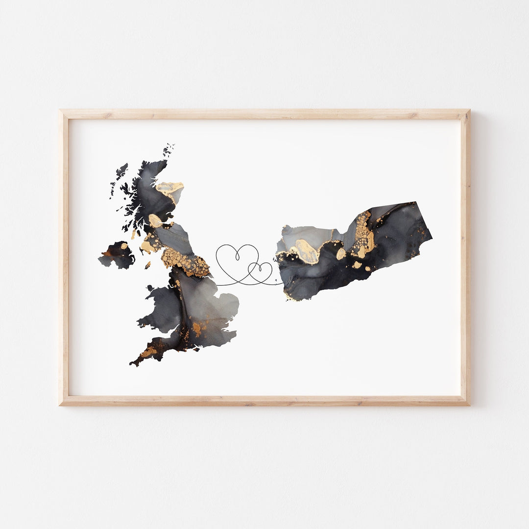 Britain and Yemen Map Black & Gold Travel Wall Art Print | United Kingdom | UK