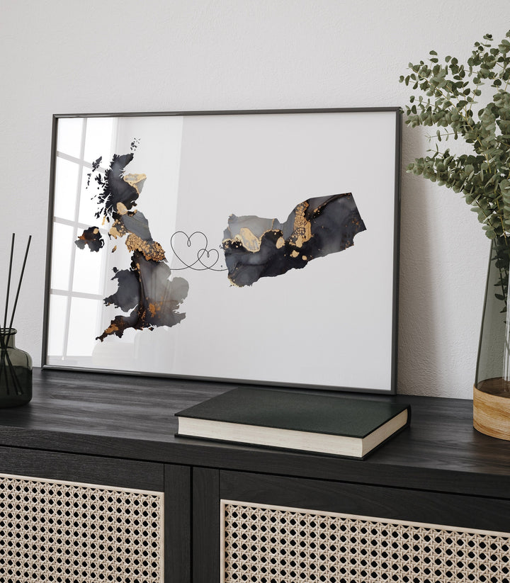 Britain and Yemen Map Black & Gold Travel Wall Art Print | United Kingdom | UK