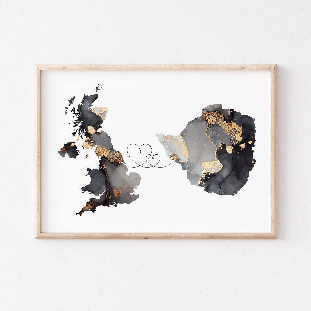Britain and Zimbabwe Map Black & Gold Travel Wall Art Print | United Kingdom | UK