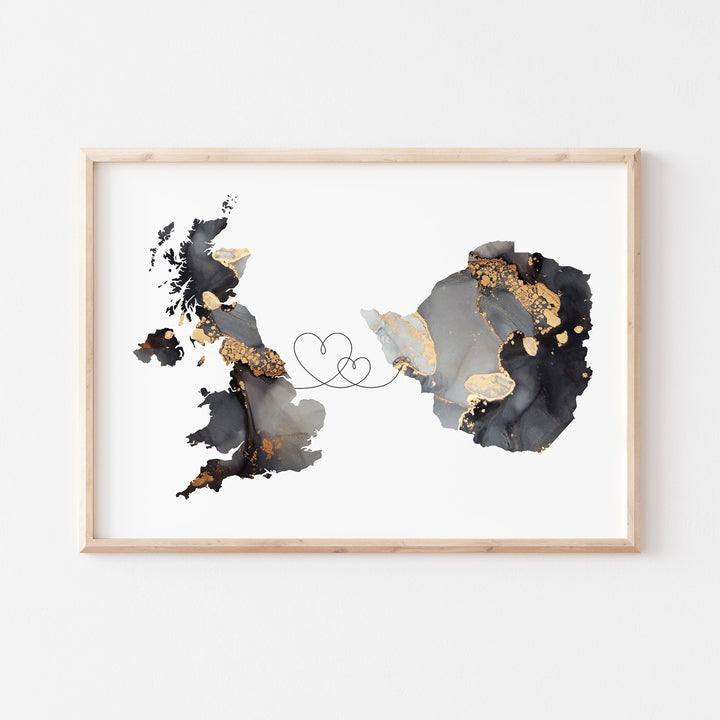 Britain and Zimbabwe Map Black & Gold Travel Wall Art Print | United Kingdom | UK