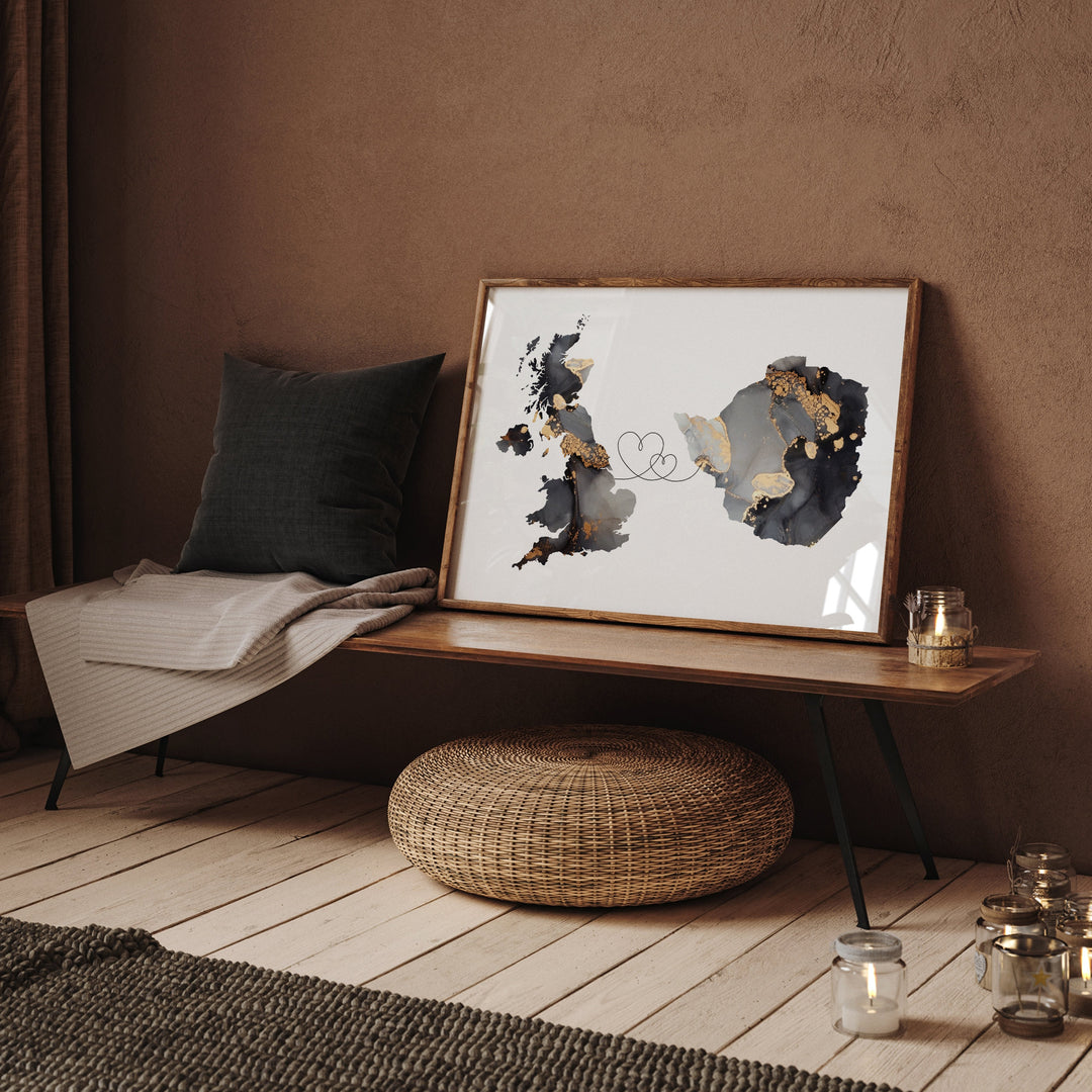 Britain and Zimbabwe Map Black & Gold Travel Wall Art Print | United Kingdom | UK