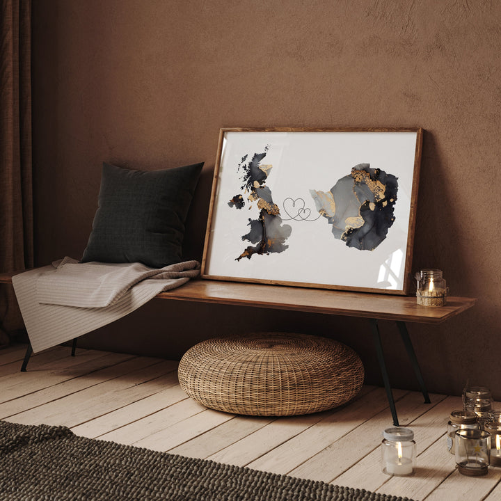 Britain and Zimbabwe Map Black & Gold Travel Wall Art Print | United Kingdom | UK