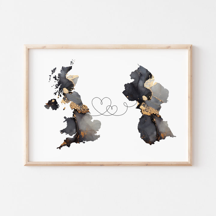 Britain and Guyana Map Black & Gold Travel Wall Art Print | United Kingdom | UK