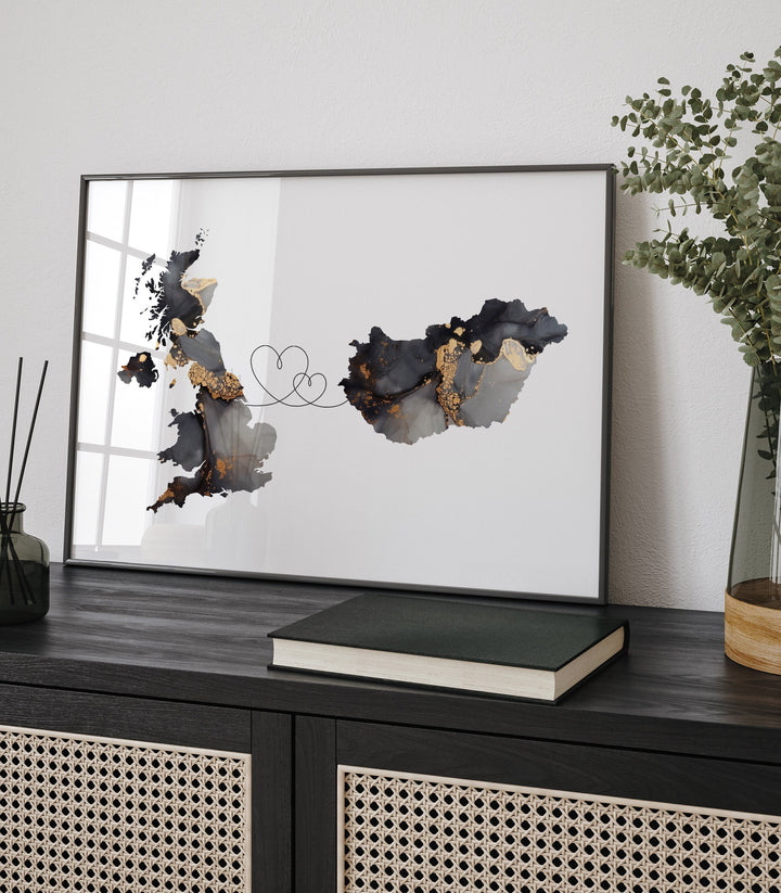 Britain and Hungary Map Black & Gold Travel Wall Art Print | United Kingdom | UK