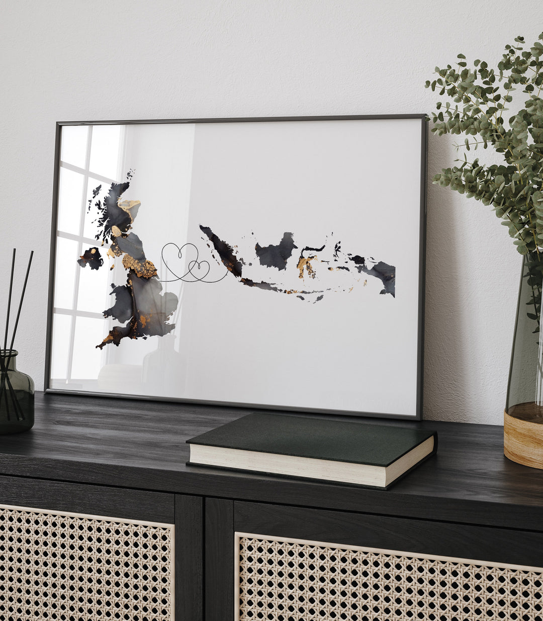 Britain and Indonesia Map Black & Gold Travel Wall Art Print | United Kingdom | UK