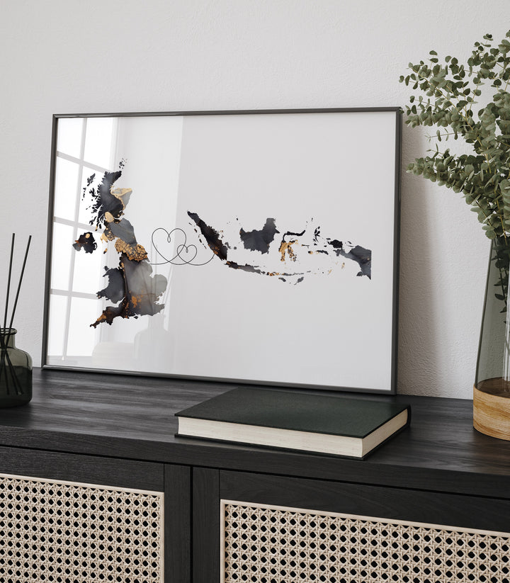 Britain and Indonesia Map Black & Gold Travel Wall Art Print | United Kingdom | UK