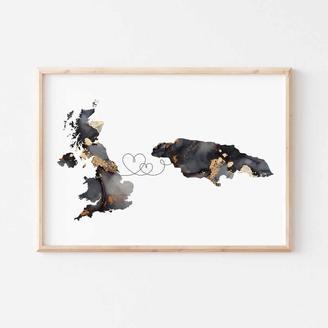 Britain and Jamaica Map Black & Gold Travel Wall Art Print | United Kingdom | UK